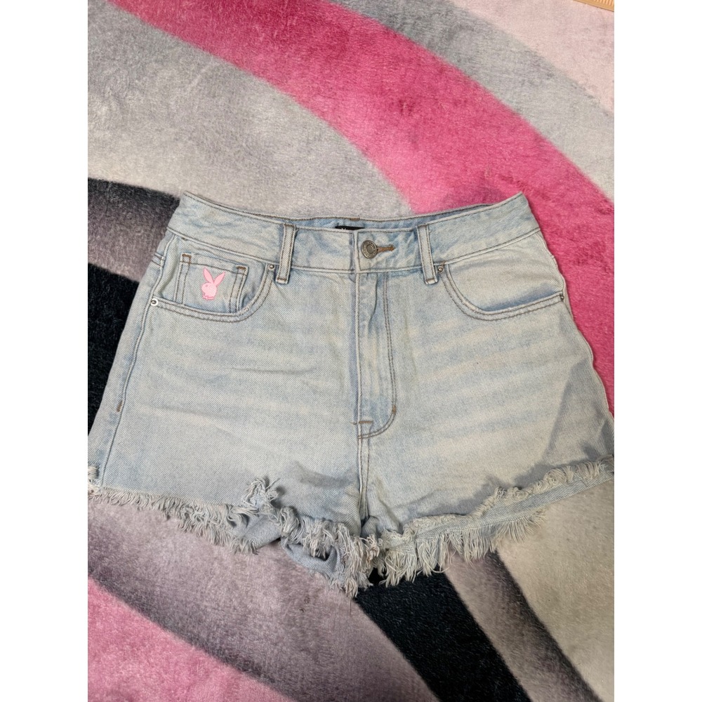 Playboy by PacSun Womens Light Wash Denim Frayed Hem Shorts Pink Bunny Logo 27